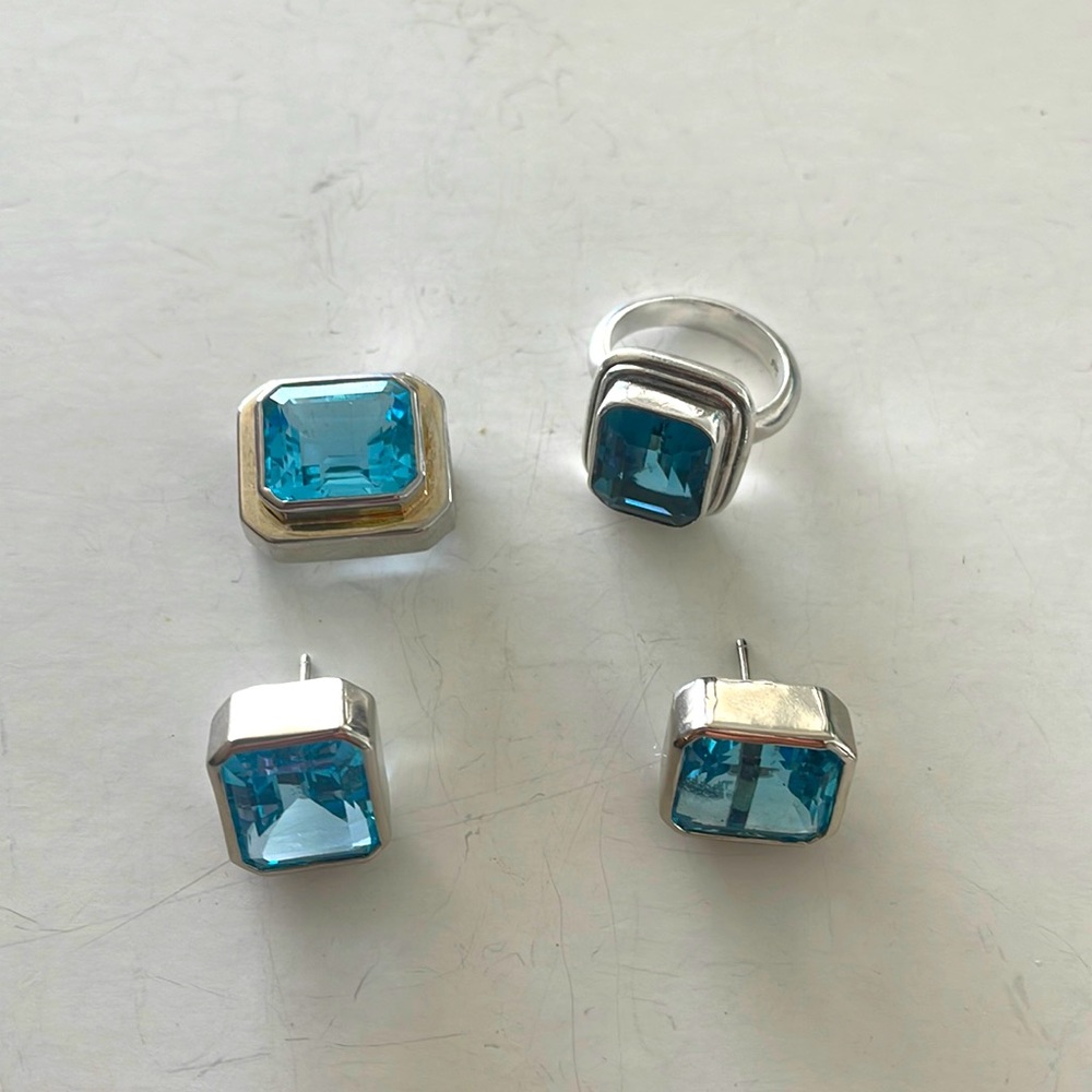 Set of silver ring earrings and slide pendant with blue Topaz